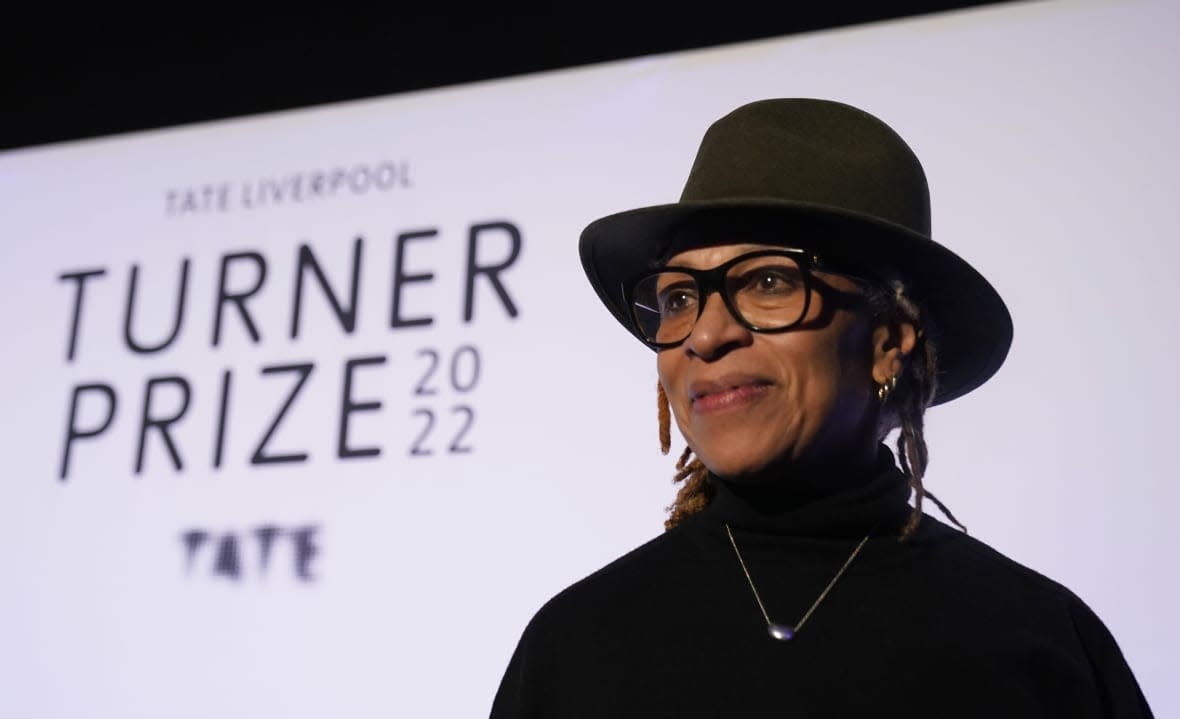 Sculptor Veronica Ryan after being announced the winner of the Turner Prize at St George’s Hall in Liverpool, England, Wednesday, Dec. 7, 2022. (Danny Lawson/PA via AP)