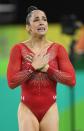 <p>U.S. gymnast Alexandra Raisman reacts as she finishes the floor exercise to win the silver medal in the women’s All-Around Individual at the Summer Olympics in Rio de Janeiro, Brazil, on Thursday, Aug. 11, 2016. (Getty) </p>