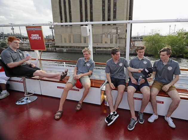 CHICAGO, IL – JUNE 22: (L-R) Owen Tippett, Casey Mittelstadt, Nolan Patrick, Michael Rasmusen and Cody Glas enjoy the ride uring the 2017 NHL Draft top prospects media availabilty on the Bright Star Boat on the Chicago River on June 22, 2017 in Chicago, Illinois. (Photo by Jonathan Daniel/Getty Images)