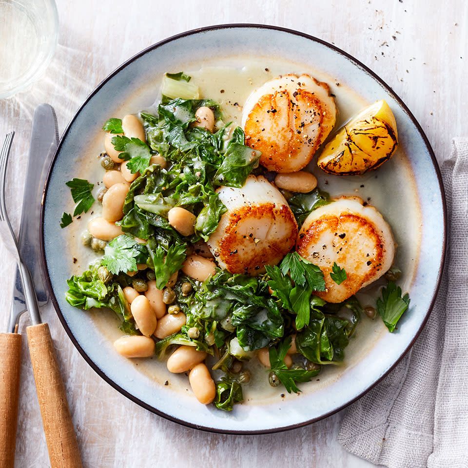 Seared Scallops with White Bean Ragu & Charred Lemon