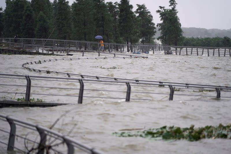 View of floodwaters overflown to the banks of Tai Lake following heavy rainfall in Huzhou