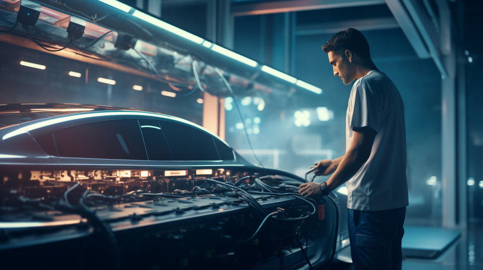 A technician connecting an EV battery to the Grid Integrated Vehicle platform.