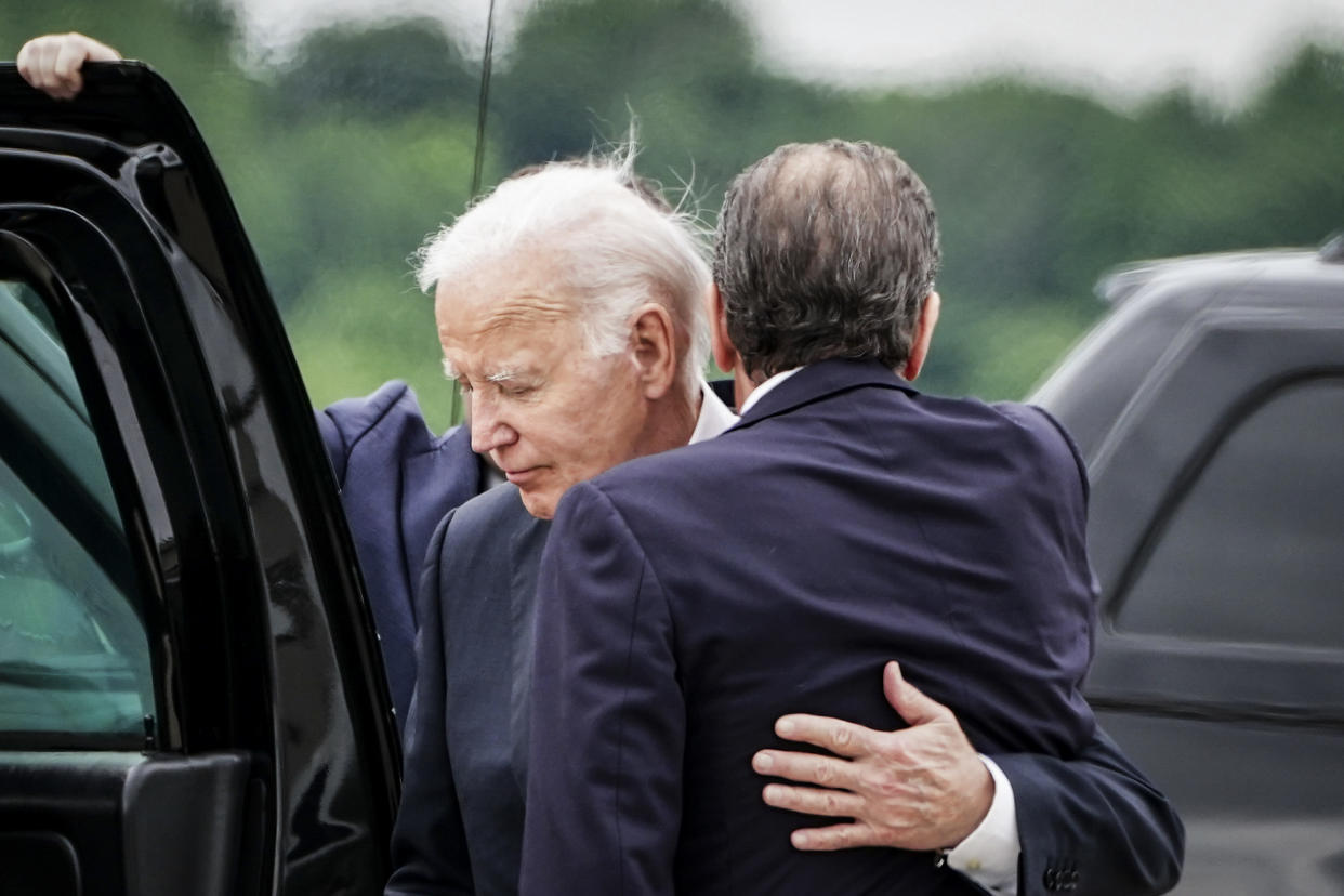 President Joe Biden embraces his son Hunter Biden on the tarmac after arriving in Wilmington, Del., on Tuesday, June 11, 2024. (Haiyun Jiang/The New York Times)