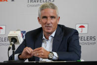 FILE - PGA Tour Commissioner Jay Monahan speaks during a news conference before the Travelers Championship golf tournament at TPC River Highlands, on June 22, 2022, in Cromwell, Conn. The PGA Tour is closing in on $500 million in prize money for next season, with eight tournaments offering $15 million or more and limited spots available for the postseason. (AP Photo/Seth Wenig, File)