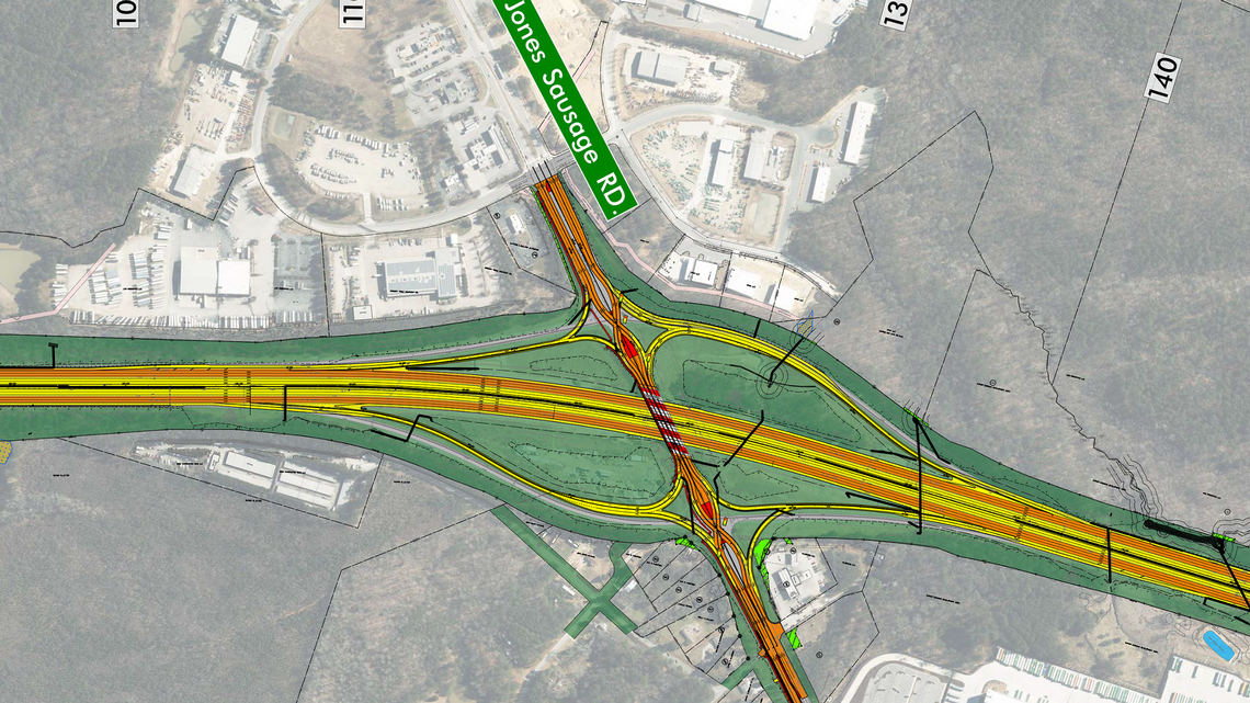 This N.C. Department of Transportation map shows the planned diverging diamond pattern at the Jones Sausage Road interchange with Interstate 40 in Garner. Construction is set to begin in July 2023 and finish in the fall.