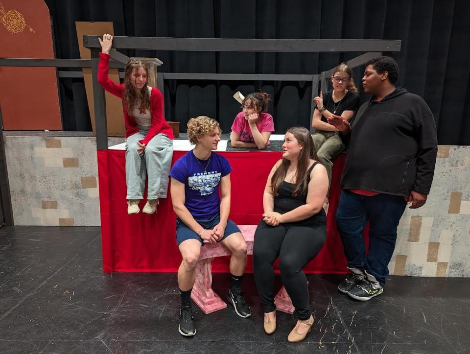Appearing in "Legally Blonde Jr." at Fremont Ross High School are Sevanna Myers, left in red, Quentin O'Brien (Warner), Megan Sherman (Ellie Woods), Micheal Caldwell, Ali Durbin and Cassidy Isaacs in the middle.