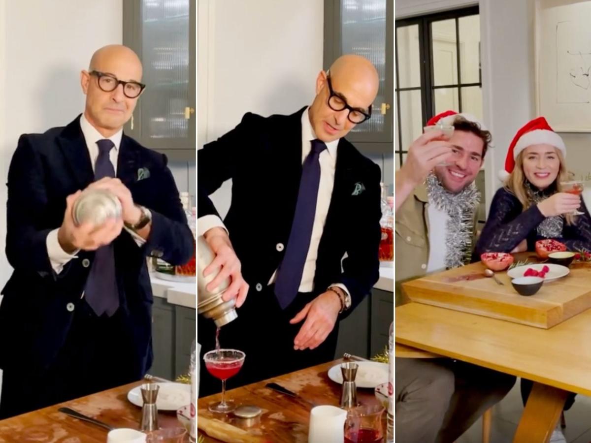 Stanley Tucci taught his fans how to make a “Christmas Cosmo” cocktail with the help of John Krasinski and Emily Blunt