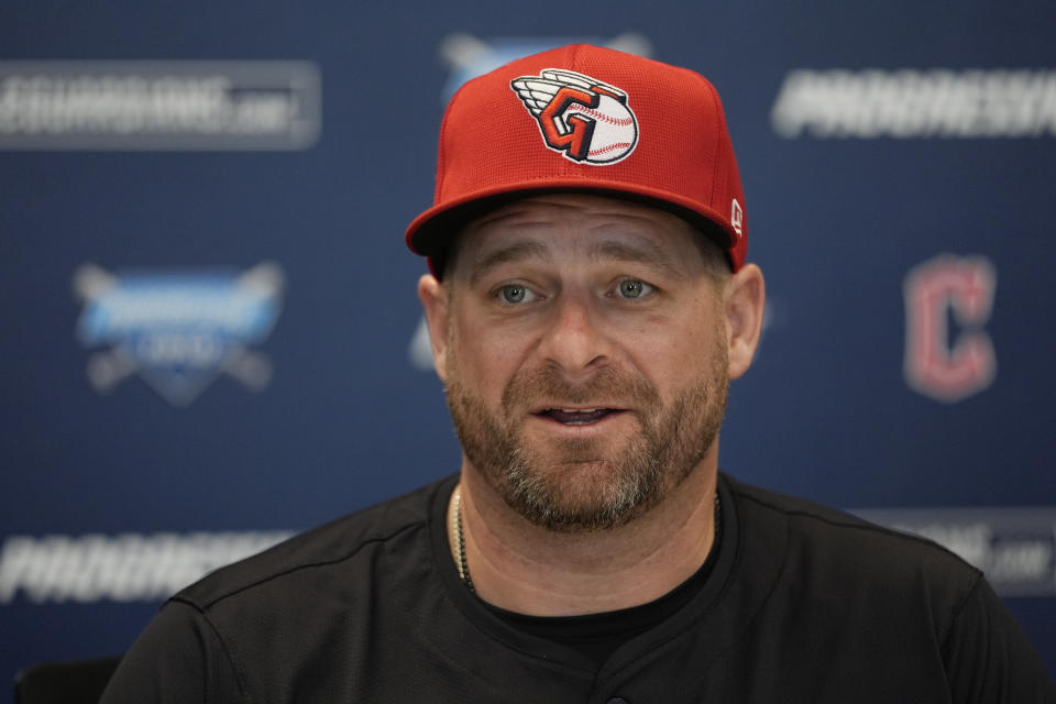 Cleveland Guardians manager Stephen Vogt speaks to media at spring training baseball camp in Goodyear, Ariz., on Friday, Feb. 16, 2024. (AP Photo/Carolyn Kaster)