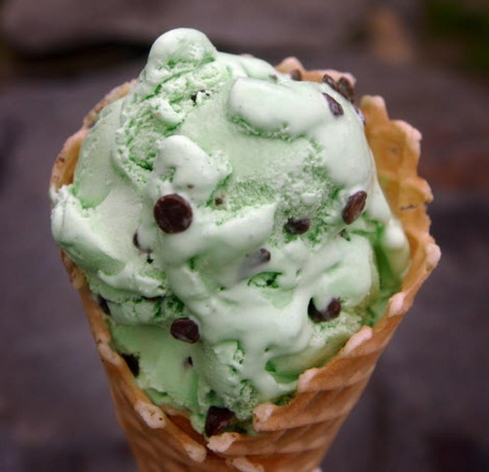 Mint chocolate-chip ice cream in a homemade waffle cone from Gray's Ice Cream in Tiverton. [Kris Craig/The Providence Journal, file]