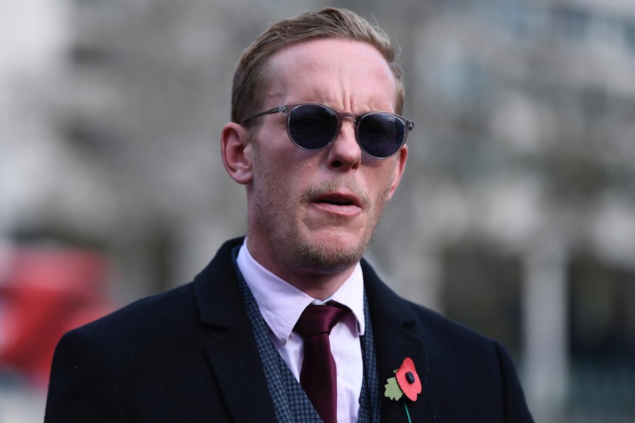 Laurence Fox, leader of the Reclaim party, attends a Remembrance Sunday ceremony at the Royal Artillery War Memorial in Hyde Park Corner, in London on November 8, 2020. - Remembrance Sunday is an annual commemoration held on the closest Sunday to Armistice Day, November 11, the anniversary of the end of the First World War and services across Commonwealth countries remember servicemen and women who have fallen in the line of duty since WWI. This year services have been cancelled or paired back due to the novel coronavirus COVID-19 pandemic. (Photo by DANIEL LEAL-OLIVAS / AFP) (Photo by DANIEL LEAL-OLIVAS/AFP via Getty Images)