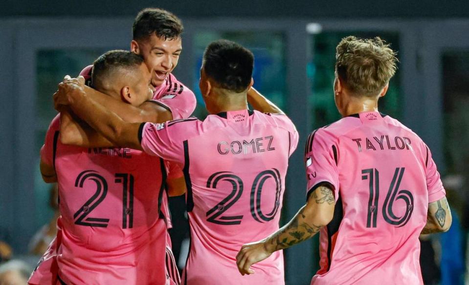 Inter Miami center back Tomás Aviles (6) celebrates after scoring a goal against Monterrey in the first half of the CONCACAF Champions Cup quarterfinal soccer match at Chase Stadium in Fort Lauderdale, Fla., on Wednesday, April 3, 2024.