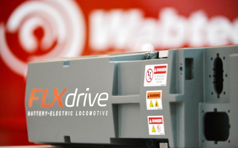 A new FLXDrive locomotive battery is displayed at Wabtec Corp. in Lawrence Park Township in 2023.