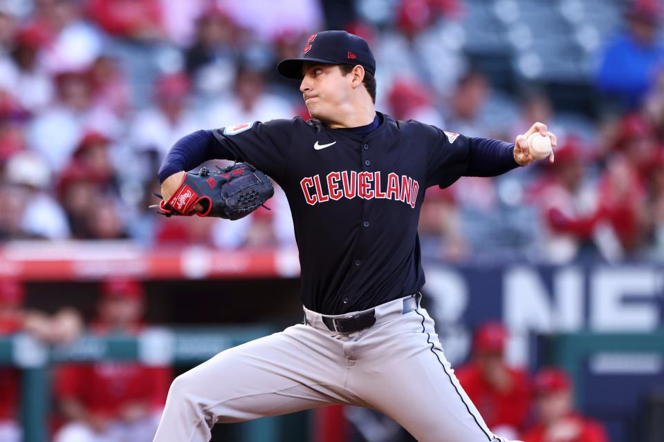 Cleveland Guardians pitcher Logan Allen (41) throws against a Los Angeles Angels batter during first inning Friday in Anaheim, California.