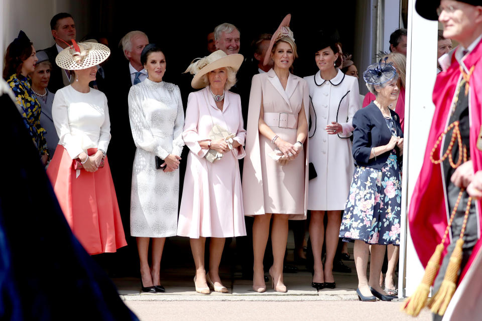 WINDSOR, ENGLAND - JUNE 17: Sophie, Countess of Wessex, Queen Letizia of Spain, Camilla, Duchess of Cornwall, Queen Maxima of the Netherlands and Catherine, Duchess of Cambridge at the Order of the Garter Service at St George's Chapel in Windsor Castle on June 17, 2019 in Windsor, England. The Order of the Garter is the senior and oldest British Order of Chivalry, founded by Edward III in 1348. The Garter ceremonial dates from 1948, when formal installation was revived by King George VI for the first time since 1805. (Photo by Steve Parsons - WPA Pool/Getty Images)