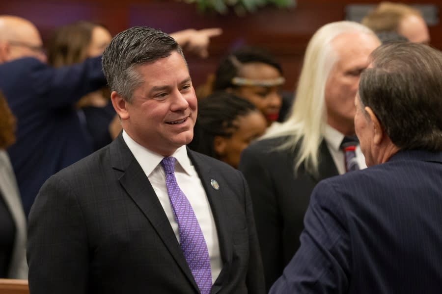 <em>Nevada Assembly Speaker Steve Yeager talks with lawmakers during the opening of the 82nd Session of the Nevada Legislature from the Assembly Chambers of the Nevada Legislature in Carson City, Nev., Monday, Feb. 6, 2023. (AP Photo/Tom R. Smedes)</em>