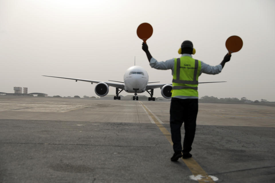 This photograph released by UNICEF Wednesday Feb. 24, 2021 shows the first shipment of COVID-19 vaccines distributed by the COVAX Facility arriving at the Kotoka International Airport in Accra, Ghana. Ghana has become the first country in the world to receive vaccines acquired through the United Nations-backed COVAX initiative with a delivery of 600,000 doses of the AstraZeneca vaccine made by the Serum Institute of India. (Francis Kokoroko/UNICEF via AP)