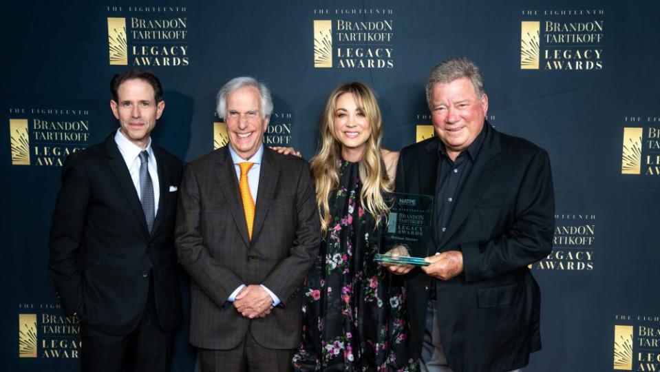 NATPE’s Charlie Weiss with Henry Winkler, Kaley Cuoco and William Shatner at the 18th annual Brandon Tartikoff Awards. - Credit: NATPE