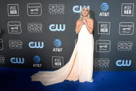 <p>Lady Gaga led the ethereal fashion trend on the blue carpet in a flowing nude strapless gown. Source: Getty </p>