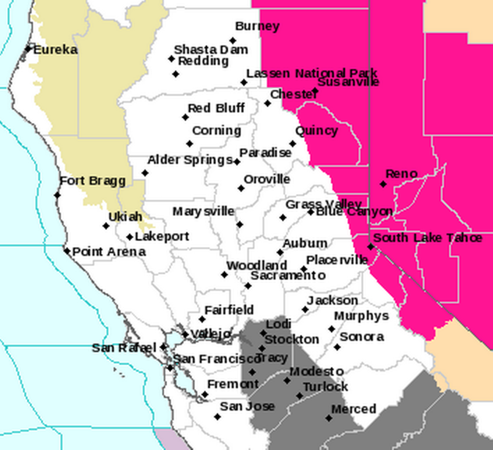 A weather service map shows the red flag warning set to take effect Monday in pink.