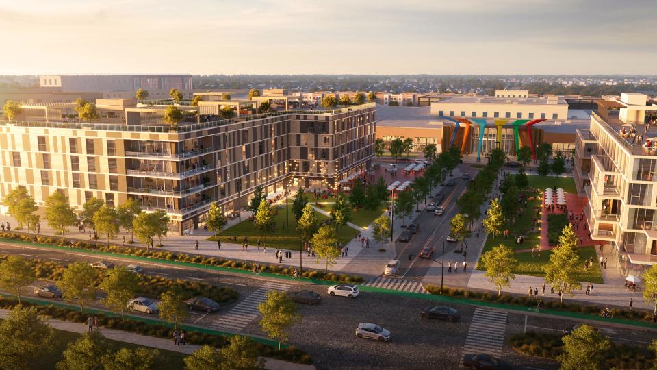 An artist rendering of The Square, a mixed-use development by Indianapolis-based Sojos Capital. Unveiled on Thursday, The Square is the updated master plan for the former Lafayette Square Mall. The project, once called Window to the World, will included apartments, a youth sports complex, film studio, food hall, school, office and event space.