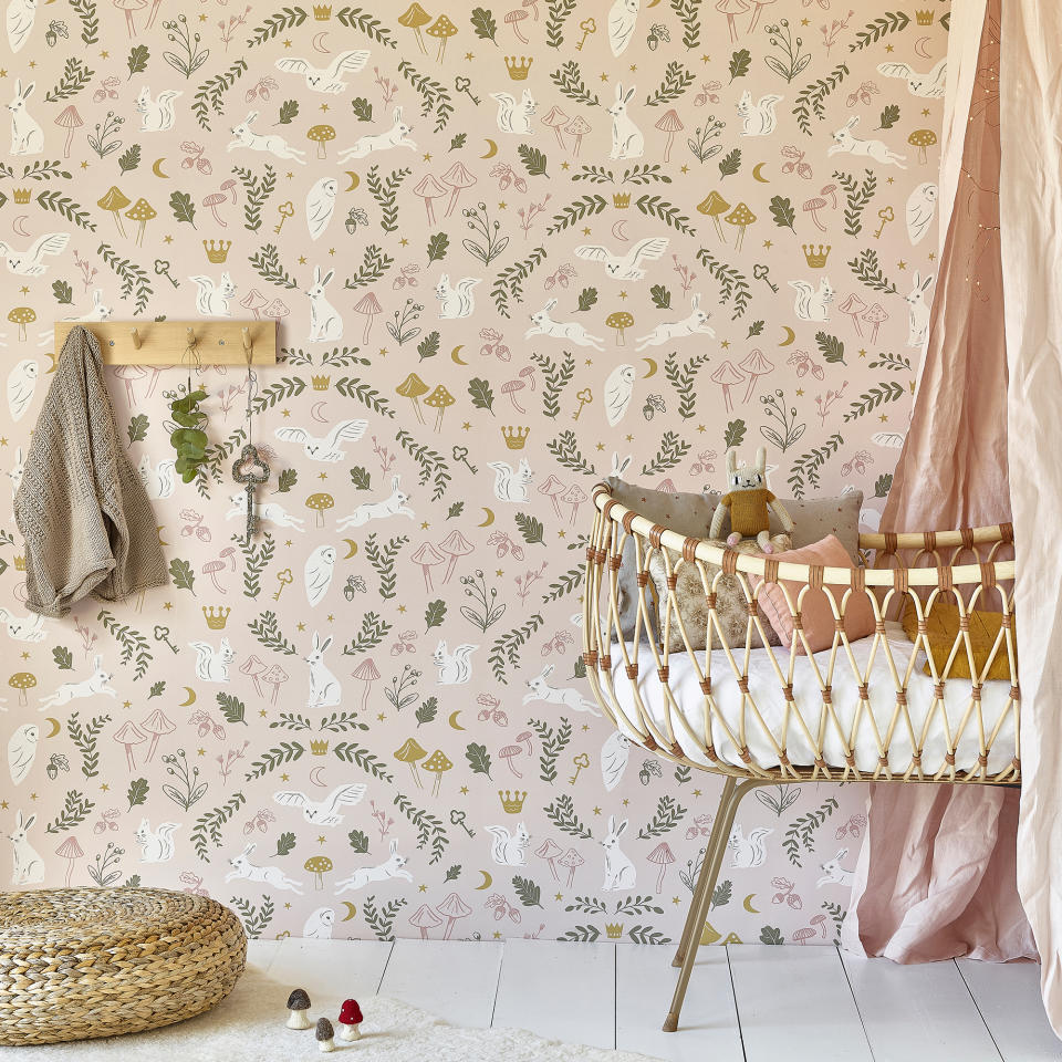 <p> Finding a decorating scheme that grows with a baby into childhood is a sustainable option that saves time too.  </p> <p> While often thought of as being just for girls, pink is a surprisingly gender-neutral color. However, if you want to go all-out feminine, then there is no better choice than pink room ideas for a nursery. </p> <p> With a palette of dusty pink and olive, this Woodland Wonders wallpaper from Hibou Home features woodland creatures, toadstools, acorns and golden keys to create a magical backdrop for a nursery. </p>