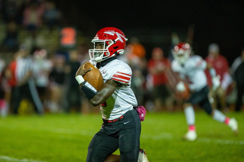 Keyport's Mekai Henderson runs the ball for a touchdown during the first half of the Keyport High School vs. Point Pleasant Beach High School football game at Donald T. Fioretti Field in Point Pleasant Beach, NJ Friday, October 6, 2023.