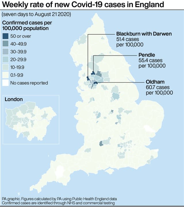 Weekly rate of new Covid-19 cases in England