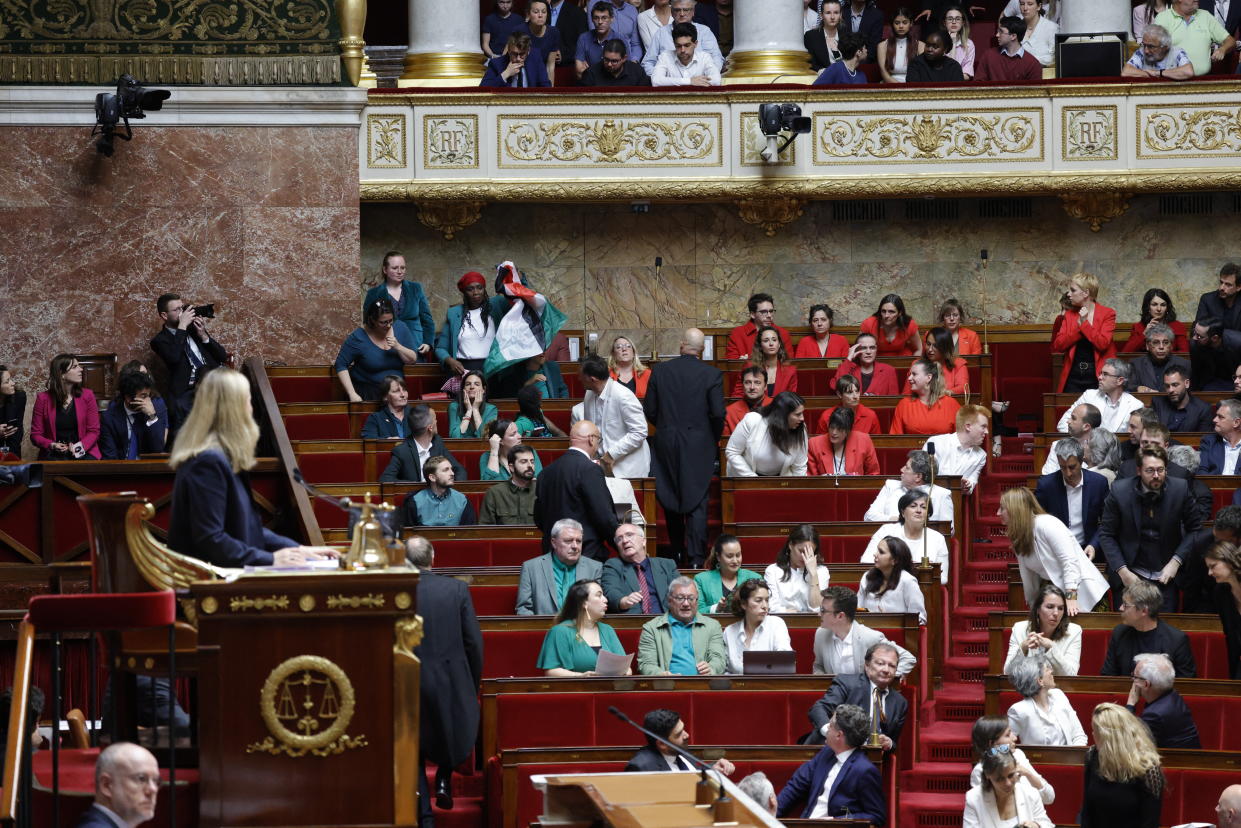 Une semaine après Sébastien Delogu, la députée LFI Rachel Keke a à son tour brandi un drapeau palestinien à l'Assemblée. La séance a été suspendue suite à son happening. (Photo GEOFFROY VAN DER HASSELT / AFP)