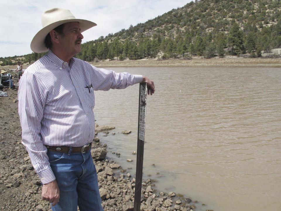 In this April 11, 2014 photo, John Moore, the mayor in Williams, Ariz., looks out onto a reservoir that the city relies on for water. City officials have declared a water crisis amid a drought that is quickly drying up nearby reservoirs and forcing the community to pump its only two wells to capacity. (AP Photo)