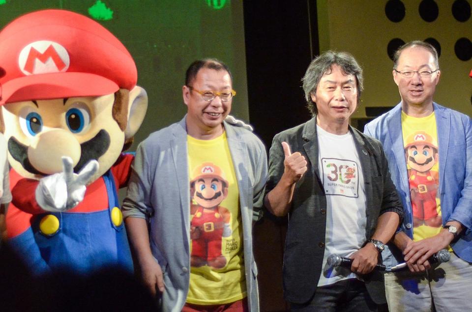 Takashi Tezuka, Shigeru Miyamoto y Koji Kondo en 2015