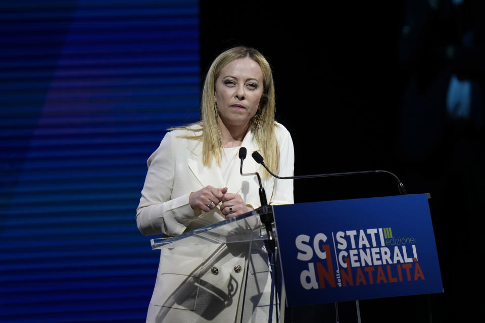 Italian Premier Giorgia Meloni delivers her speech during conference on birthrate, at Auditorium della Conciliazione, in Rome, Friday, May 12, 2023. (AP Photo/Alessandra Tarantino)