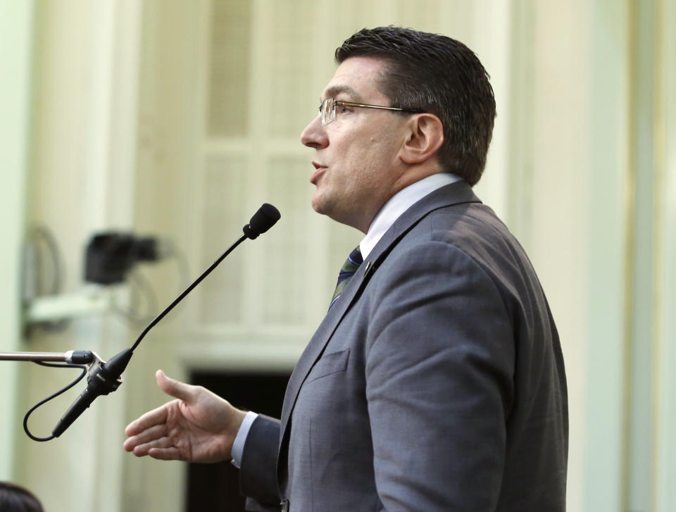 FILE - Assemblyman Jay Obernolte, R-Calif., speaks during the Assembly session in Sacramento, Calif., June 17, 2019. To educate themselves on Artificial Intelligence, lawmakers have created a task force and invited experts to explain how AI could transform our lives. While many Americans may have formed their ideas about AI from science fiction movies, it's important that lawmakers have a clear-eyed understanding of the technology, said Rep. Jay Obernolte, R-Calif., the chairman of the House's AI Task Force. (AP Photo/Rich Pedroncelli)