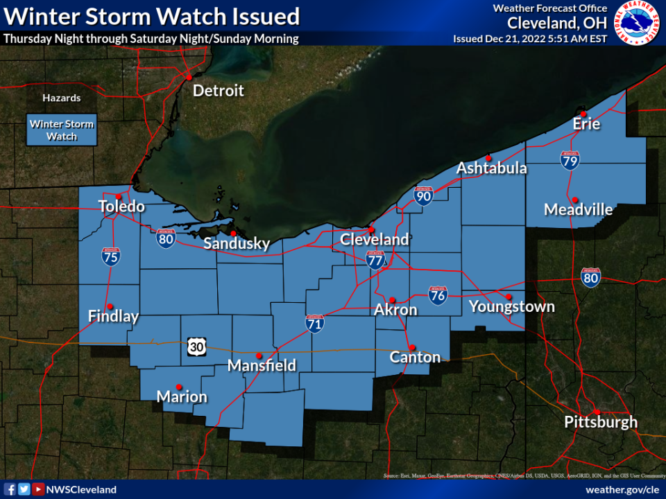A graphic from the National Weather Service in Cleveland that shows the area under a winter storm watch from Thursday night through Sunday morning when temperatures are expected to be dangerously cold.
