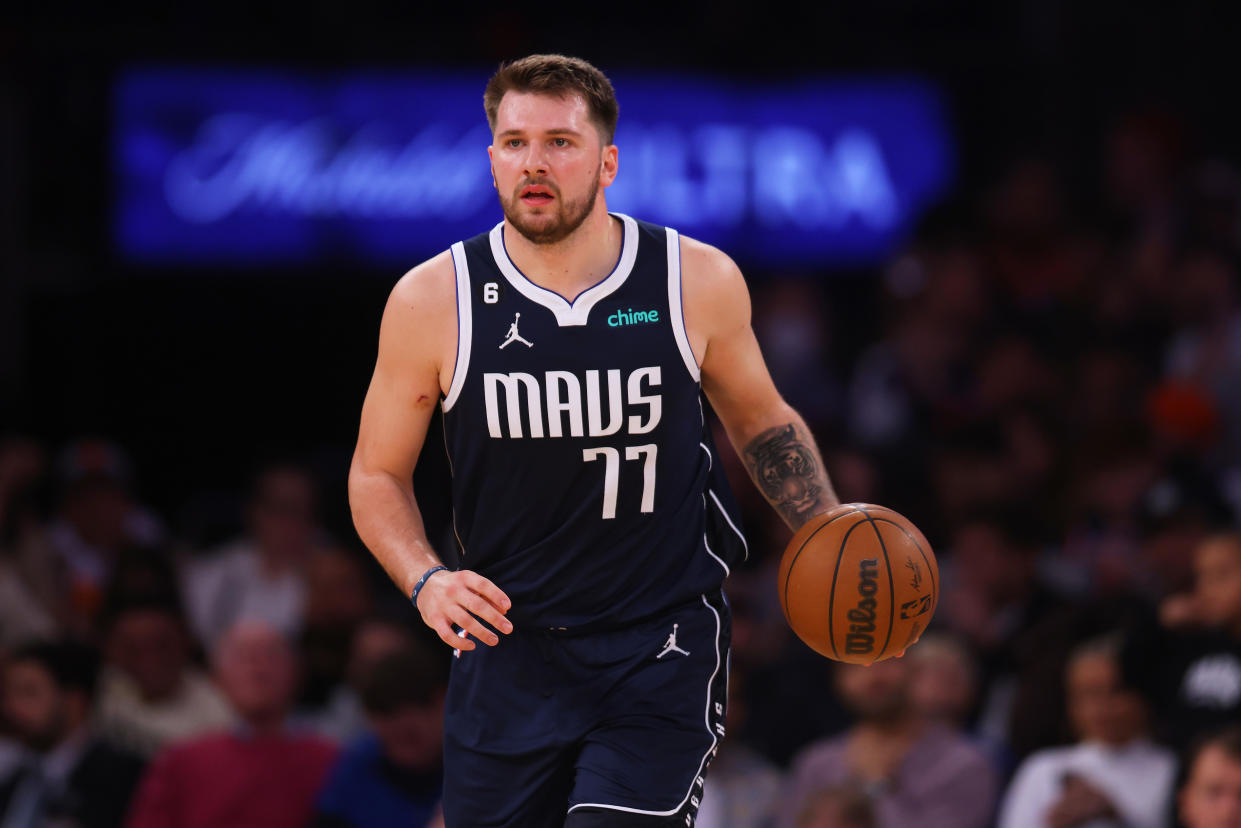 Luka Doncic of the Dallas Mavericks in action against the New York Knicks at Madison Square Garden in New York City on December 3, 2022.