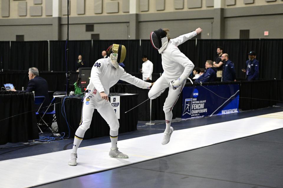 Ohio State's Gabriel Feinberg competes against a fencer from Notre Dame.