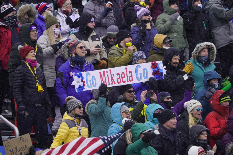 Fans cheer for the United State's Mikaela Shiffrin during a women's World Cup slalom ski race Sunday, Nov. 28, 2021, Killington, Vt. (AP Photo/Robert F. Bukaty)