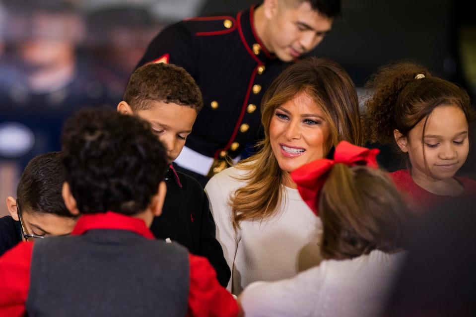 First lady Melania Trump joins children at the U.S. Marine Corps Reserve's Toys for Tots Drive at Joint Base Anacostia-Bolling in Washington,  Dec. 9, 2019.