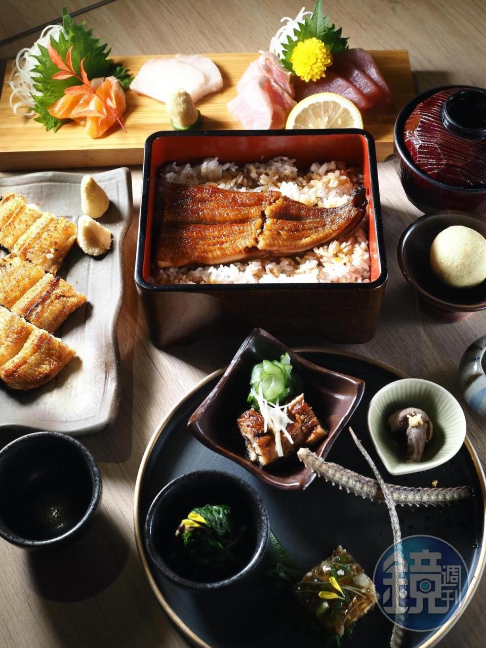 會席料理「雛菊」除了鰻魚飯外，還有蒲燒鰻肝、白燒、時令前菜、刺身和甜點，很適合特別的日子。（1,500元／套）