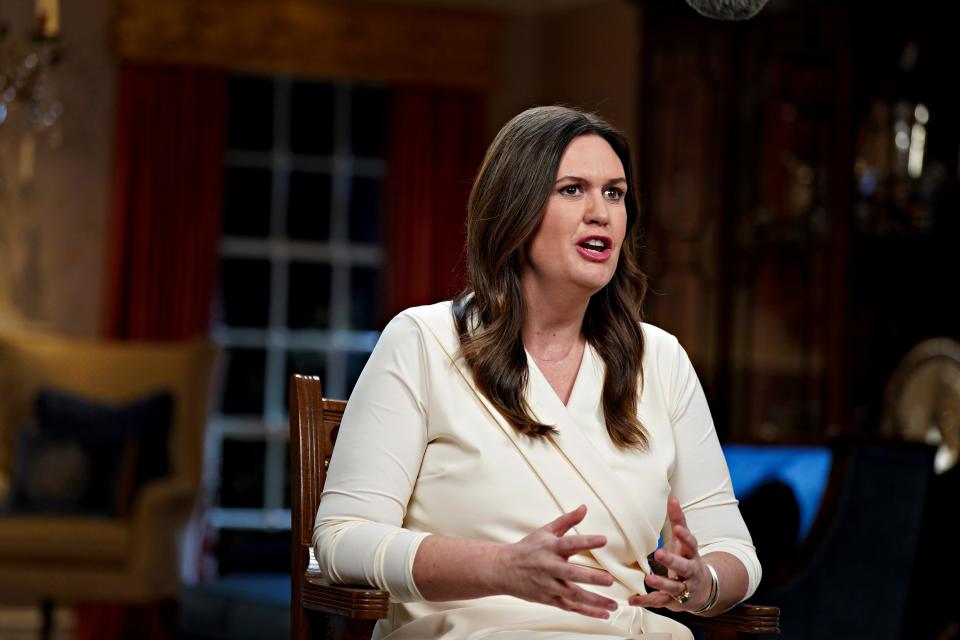 Arkansas Gov. Sarah Huckabee Sanders speaks while delivering the Republican response to President Biden's State of the Union address in February