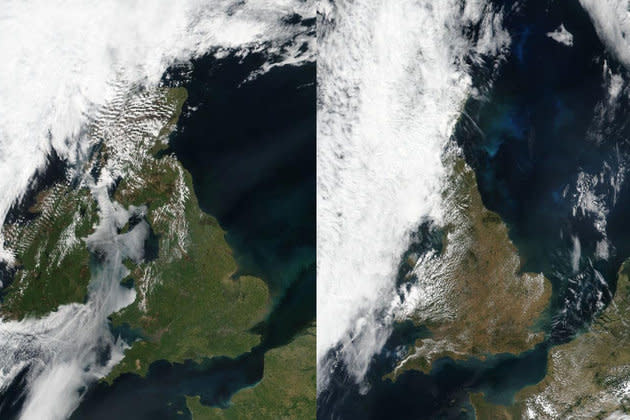 Two satellite images released by NASA taken months apart has reveal the effect the recent heatwave has had on England. (NASA)