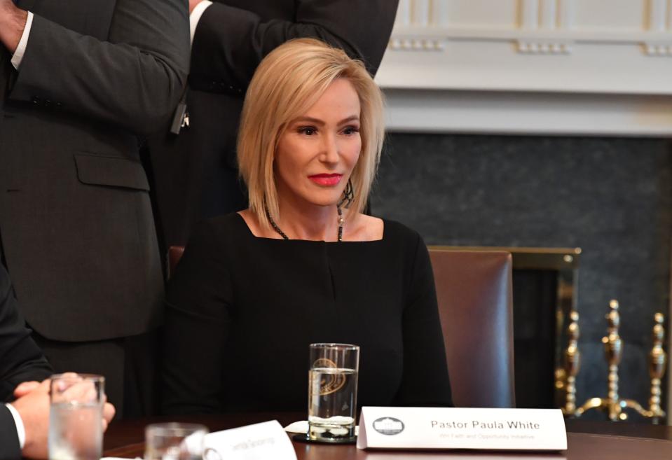 Pastor Paula White looks on during a meeting between US President Donald Trump and  African-American leaders in the Cabinet Room of the White House in Washington, DC, on February 27, 2020. (Photo by Nicholas Kamm / AFP) (Photo by NICHOLAS KAMM/AFP via Getty Images)
