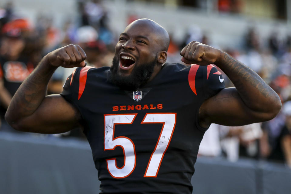 Nov 6, 2022; Cincinnati, Ohio, USA; Cincinnati Bengals linebacker Germaine Pratt (57) reacts after the victory over the <a class="link " href="https://sports.yahoo.com/nfl/teams/carolina/" data-i13n="sec:content-canvas;subsec:anchor_text;elm:context_link" data-ylk="slk:Carolina Panthers;sec:content-canvas;subsec:anchor_text;elm:context_link;itc:0">Carolina Panthers</a> at Paycor Stadium. Mandatory Credit: Katie Stratman-USA TODAY Sports