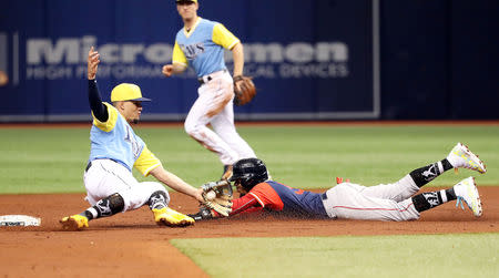 Aug 25, 2018; St. Petersburg, FL, USA; Boston Red Sox center fielder Mookie Betts (50) steals second base as Tampa Bay Rays shortstop Willy Adames (1) misses the ball during the third inning at Tropicana Field. Mandatory Credit: Kim Klement-USA TODAY Sports