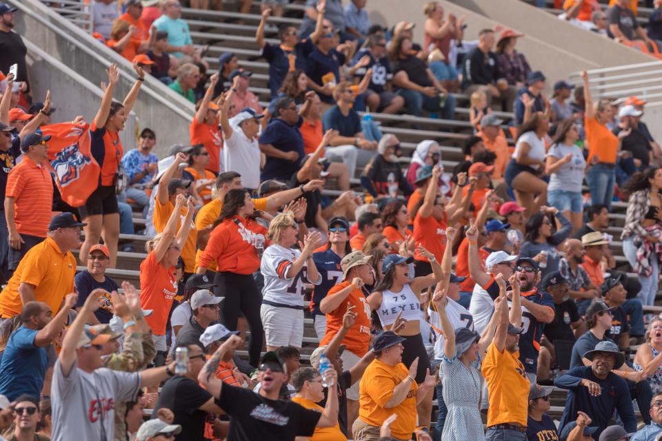 UTEP football fans celebrates at a game against Florida Atlantic at the Sun Bowl in El Paso, Texas, on Saturday, Oct. 22, 2022.