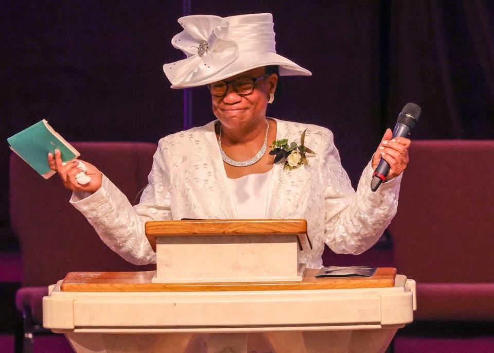 Theresa Agnew, Danny’s mother, gives her remarks entitled “The Heart of a Mom” during the funeral service. On Monday, June 26, 2023 family members, friends, and admirers gathered to celebrate the life of Danny Agnew at New Jerusalem Primitive Baptist Church in Miami, Florida. Miami, Florida. Prominent Liberty City business owner and activist Danny Agnew was killed in an eight-car crash. Carl Juste/cjuste@miamiherald.com