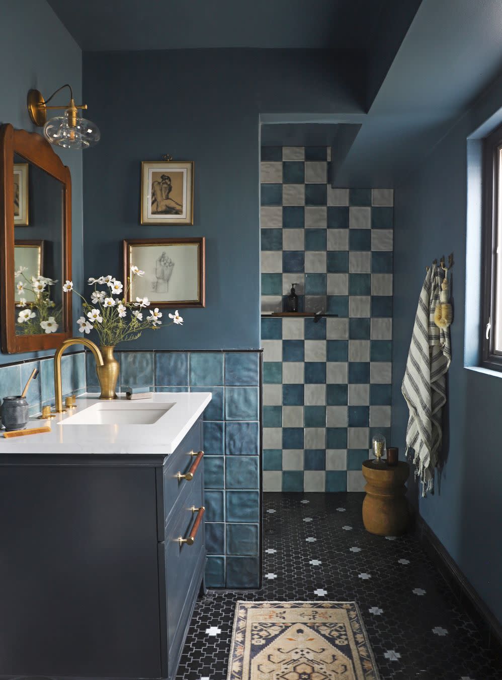 blue checkered bathroom designed by jenni yolo