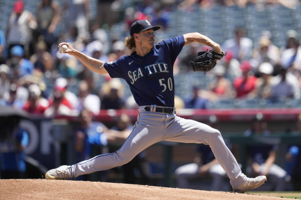 Seattle Mariners starting pitcher Bryce Miller (50) throws during the first inning of a baseball game against the Los Angeles Angels in Anaheim, Calif., Sunday, Aug. 6, 2023. (AP Photo/Ashley Landis)