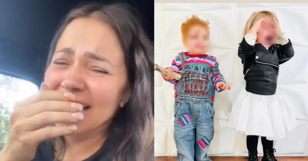 Mujer lleva a la escuela a sus hijos disfrazados de Halloween, pero cometió un divertido error. Foto: TikTok vía @liamna