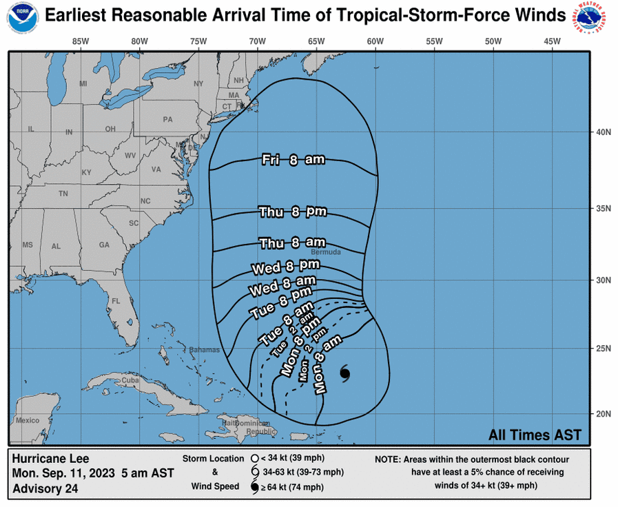 Hurricane Lee arrival predictions, as of Sept. 11.