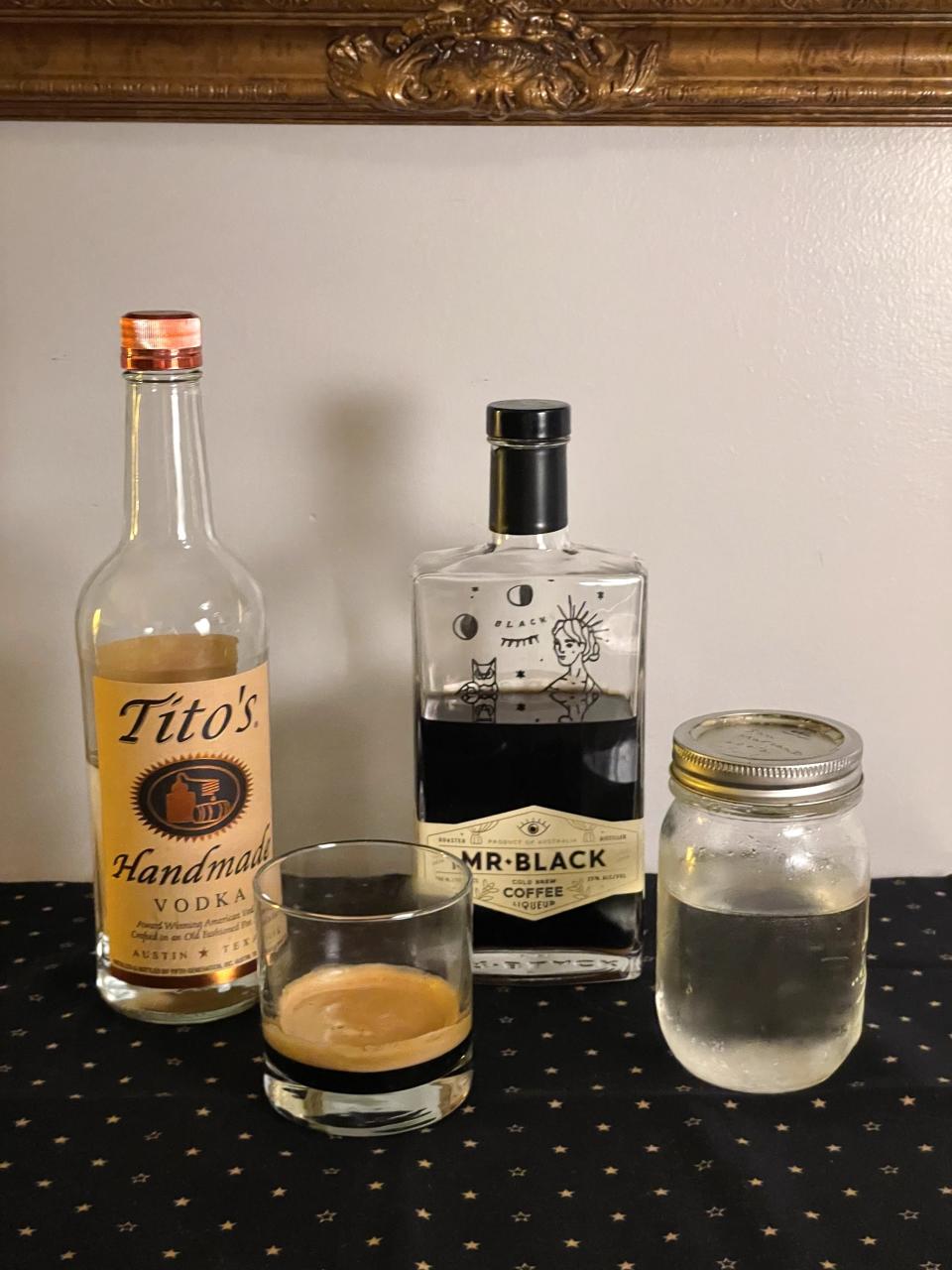 - 2 ounces vodka- 1/2 ounce coffee liqueur (usually Kahlua, but I already had this Mr. Black)- 1 ounce espresso - 1/4 ounce simple syrup - garnish (optional) coffee beans or chocolate shavings